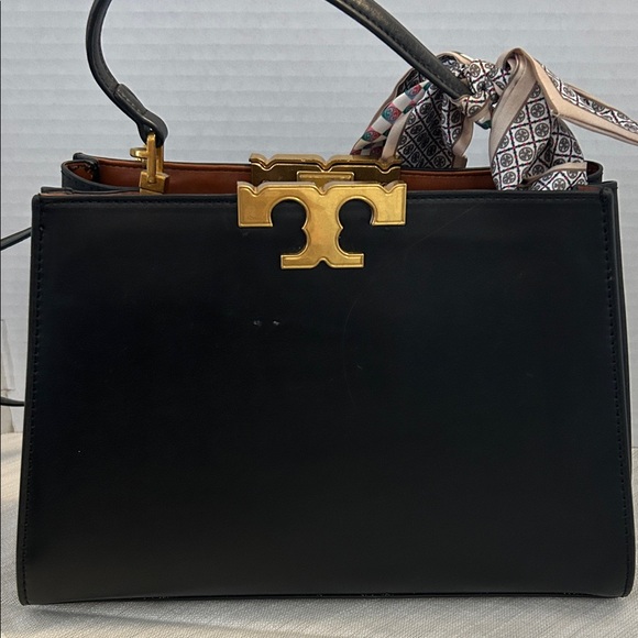 Tory Burch $700 Black Eleanor Spazoletto Satchel with Gold Logo and Ribbon - Picture 7 of 12